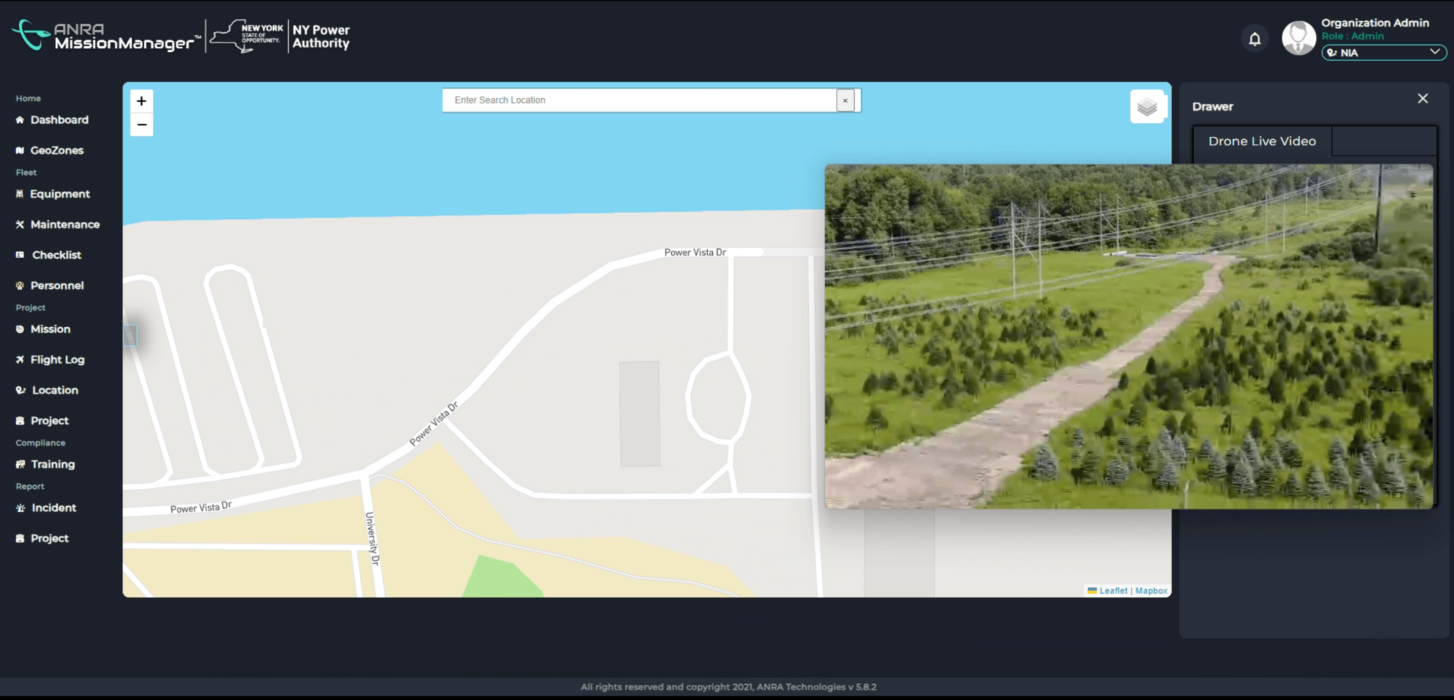 Live drone footage and map, during a powerline inspection