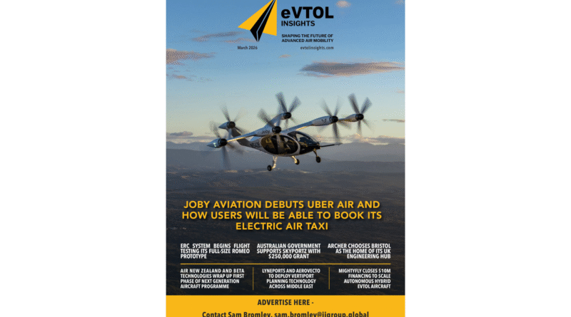 EVTOL Insights cover: a multi-rotor Joby aircraft in flight against a blue sky, EVTOL logo and 'March 2026' text at top.