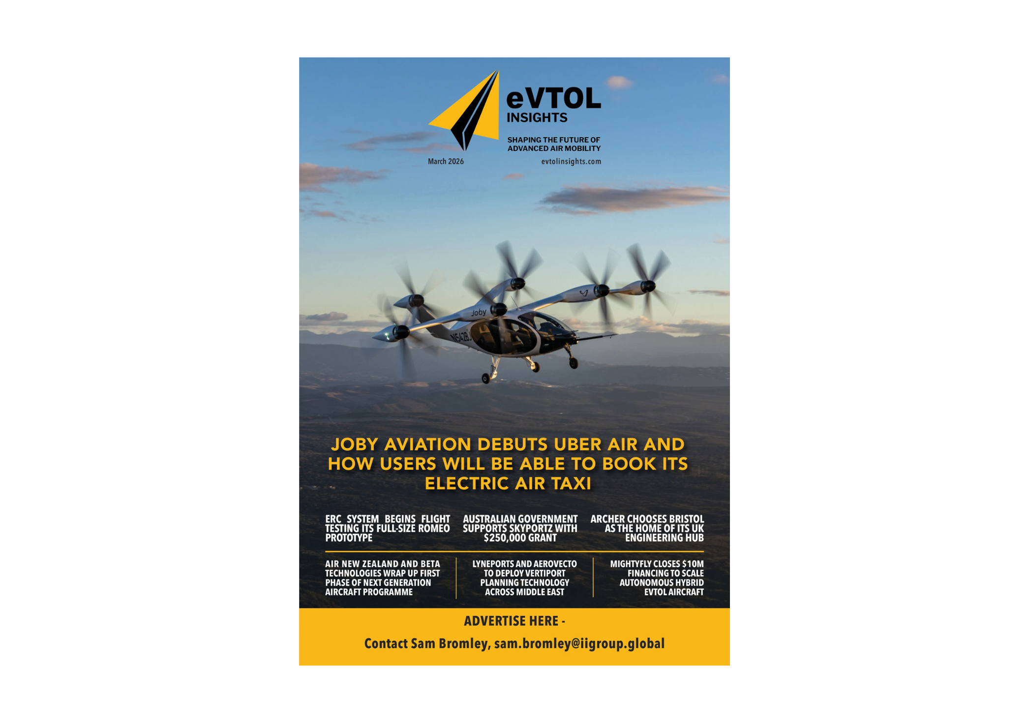 EVTOL Insights cover: a multi-rotor Joby aircraft in flight against a blue sky, EVTOL logo and 'March 2026' text at top.