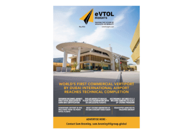 Cover image for eVTOL Insights magazine showing a futuristic vertiport building under a blue sky with the May 2026 date and bold headlines about the first commercial vertiport (Dubai) reaching completion.