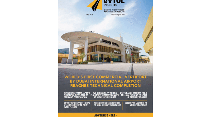 Cover image for eVTOL Insights magazine showing a futuristic vertiport building under a blue sky with the May 2026 date and bold headlines about the first commercial vertiport (Dubai) reaching completion.