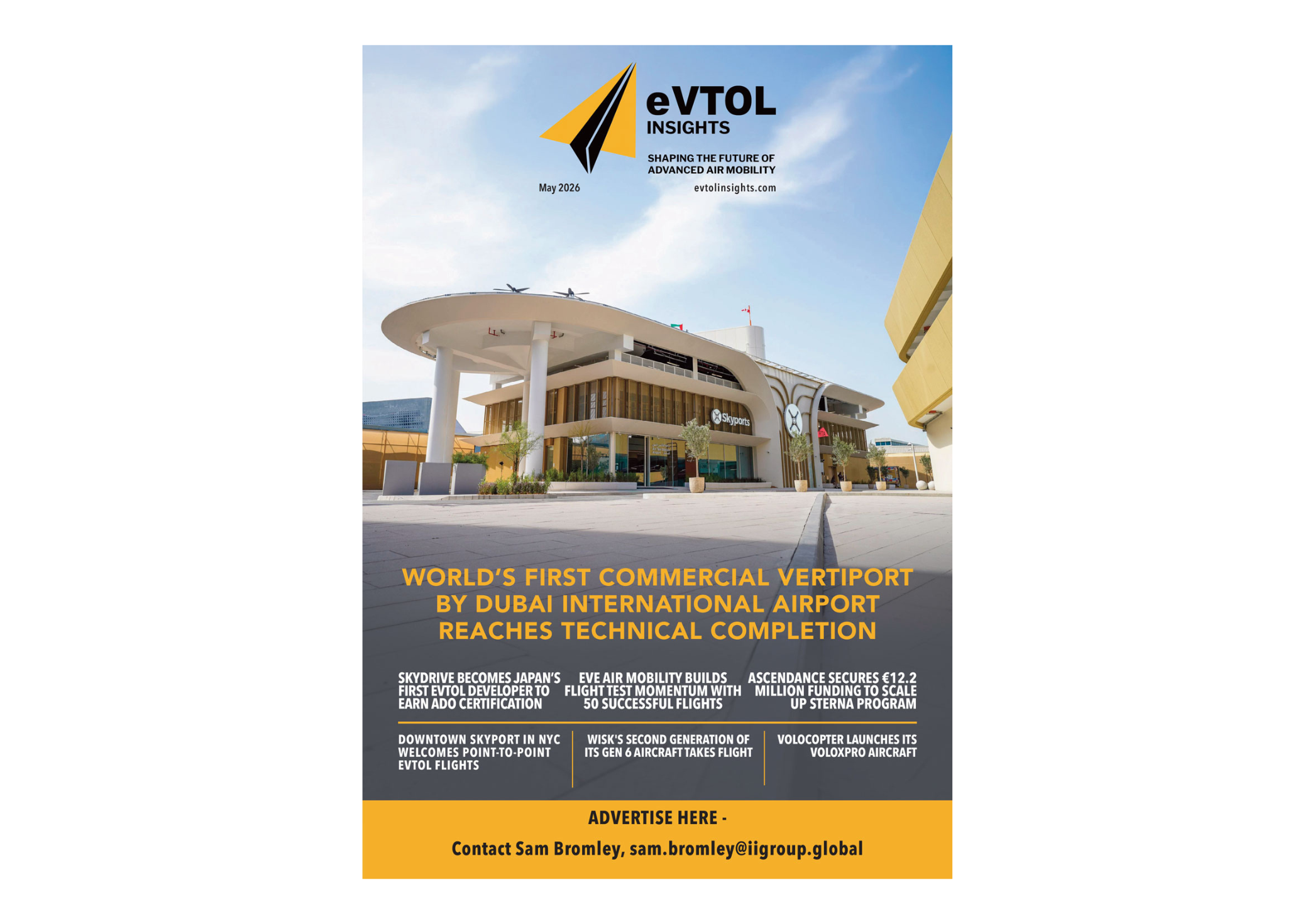 Cover image for eVTOL Insights magazine showing a futuristic vertiport building under a blue sky with the May 2026 date and bold headlines about the first commercial vertiport (Dubai) reaching completion.