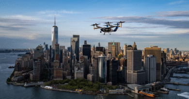 Aerial view of Manhattan skyline with One World Trade Center; a small helicopter in the sky above the buildings.