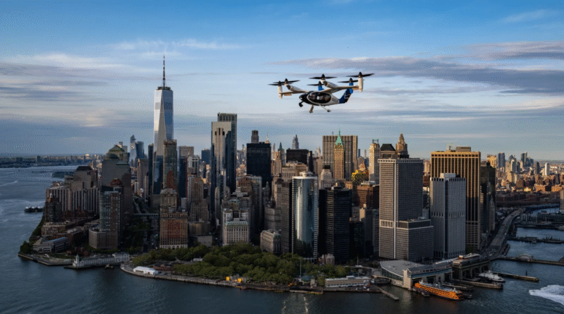 Aerial view of Manhattan skyline with One World Trade Center; a small helicopter in the sky above the buildings.