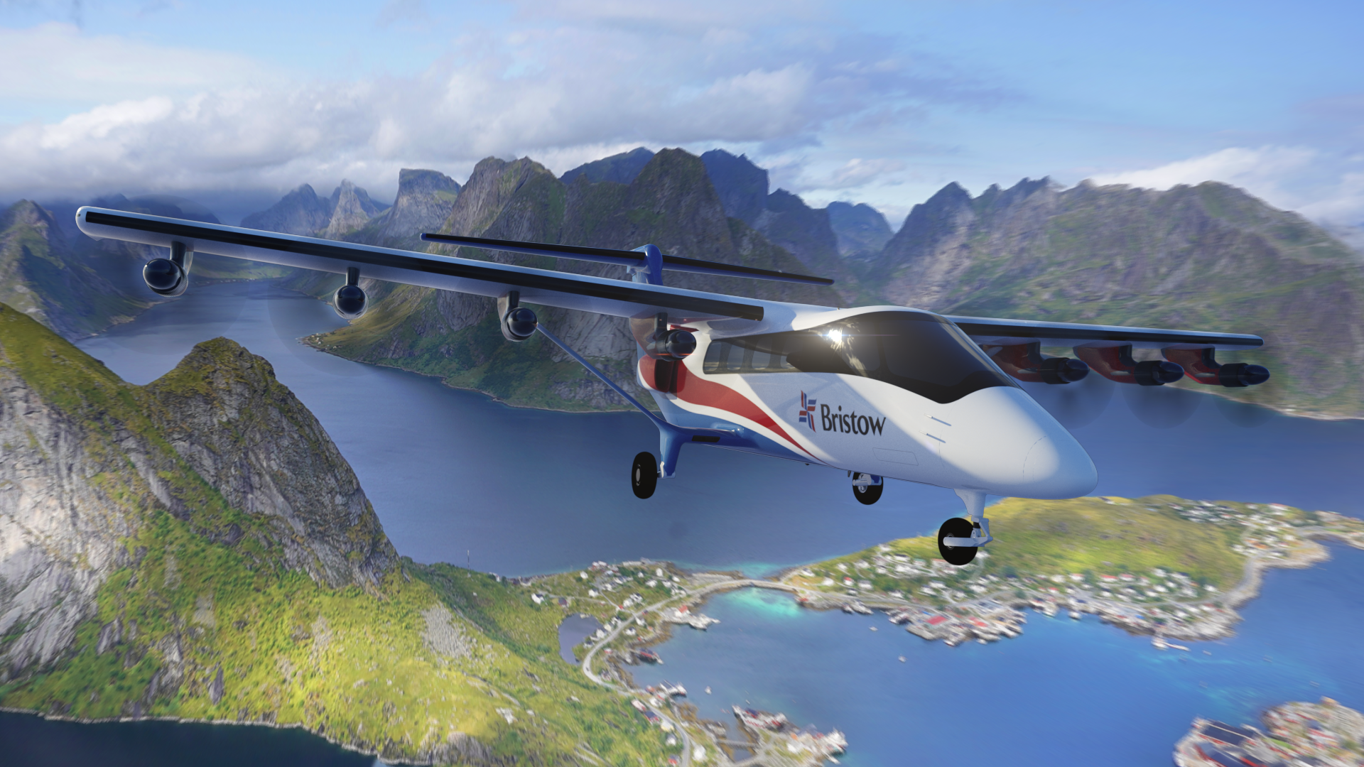 White Bristow aircraft with red and blue livery flying over a fjord and rugged green mountains below.