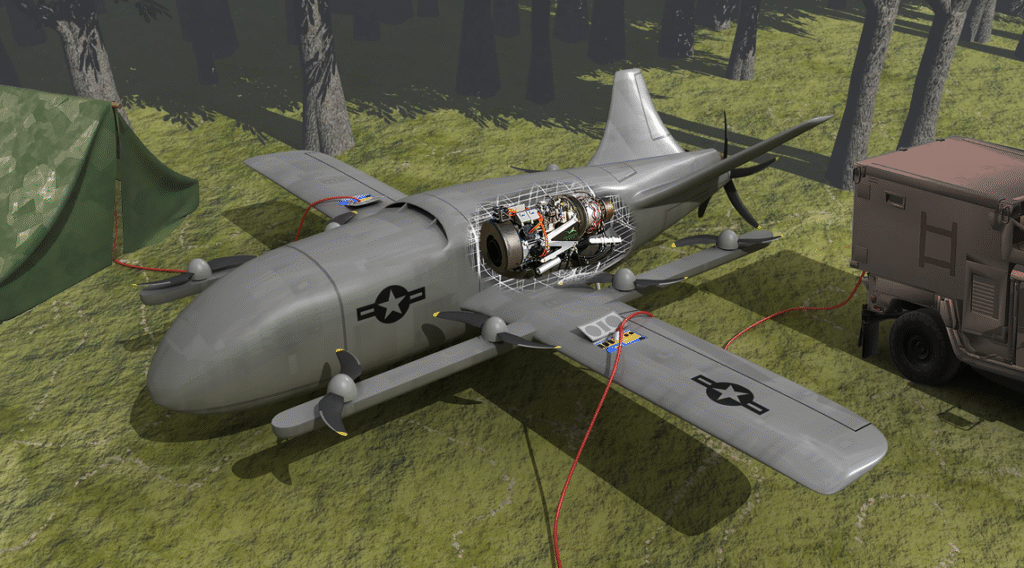 Cutaway view of a gray military aircraft on a grassy field, engine bay opened to reveal internal machinery and components.