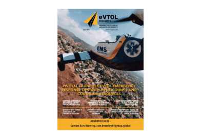 eVTOL Insights magazine cover: EMS helicopter in flight over a desert hillside with bold branding and April 2026 text