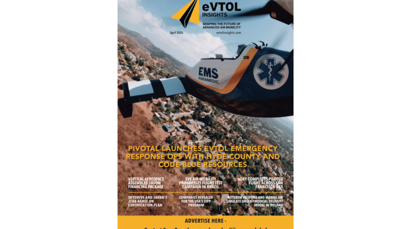 eVTOL Insights magazine cover: EMS helicopter in flight over a desert hillside with bold branding and April 2026 text