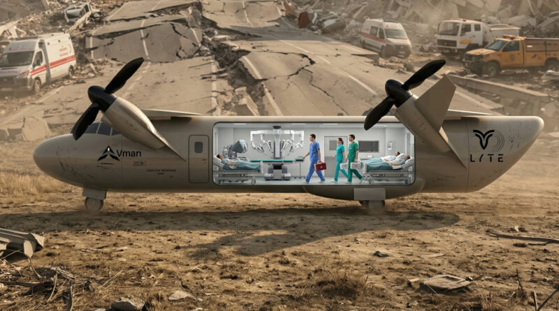 Cross-section view of a futuristic rescue aircraft with a mobile hospital interior; doctors and patients aboard, rubble-strewn city in the background.