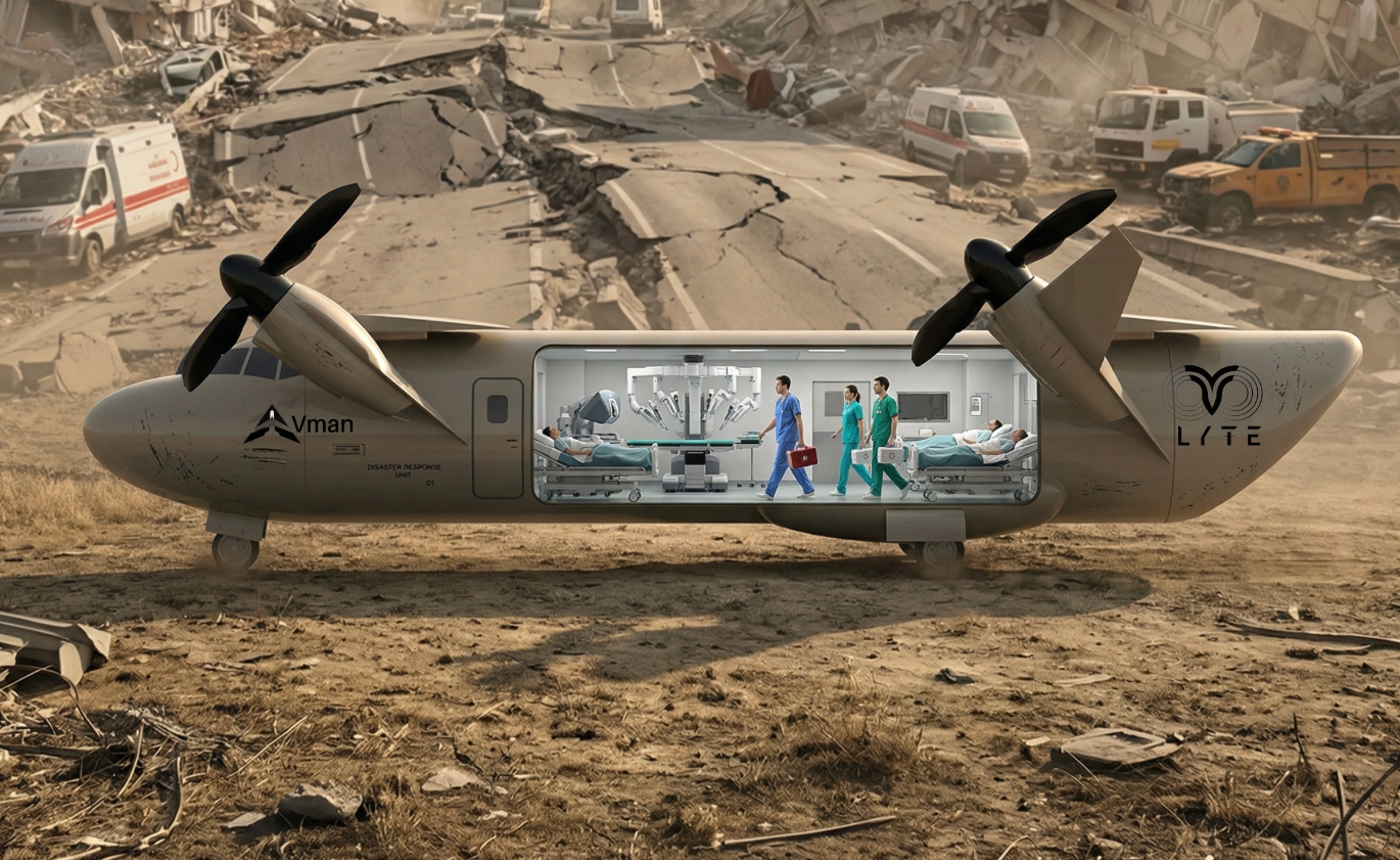 Cross-section view of a futuristic rescue aircraft with a mobile hospital interior; doctors and patients aboard, rubble-strewn city in the background.