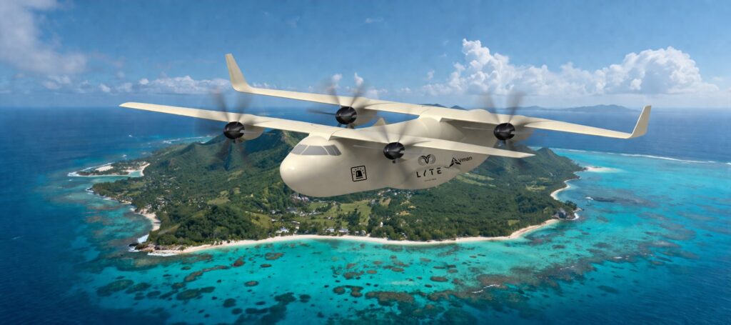 Cream-colored six-engine airplane flies over a tropical island with turquoise reef and white-sand beaches below