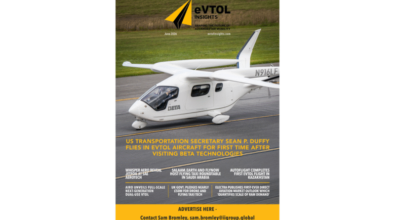 Cover image for EVTOL Insights June 2026 magazine, showing a white aircraft on a runway with the EVTOL logo in yellow and black text nearby.