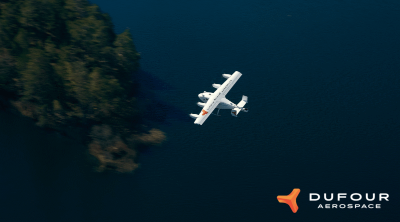 White twin-engine airplane flying over dark blue water, forested shoreline on the left, DUFOUR Aerospace logo bottom right.