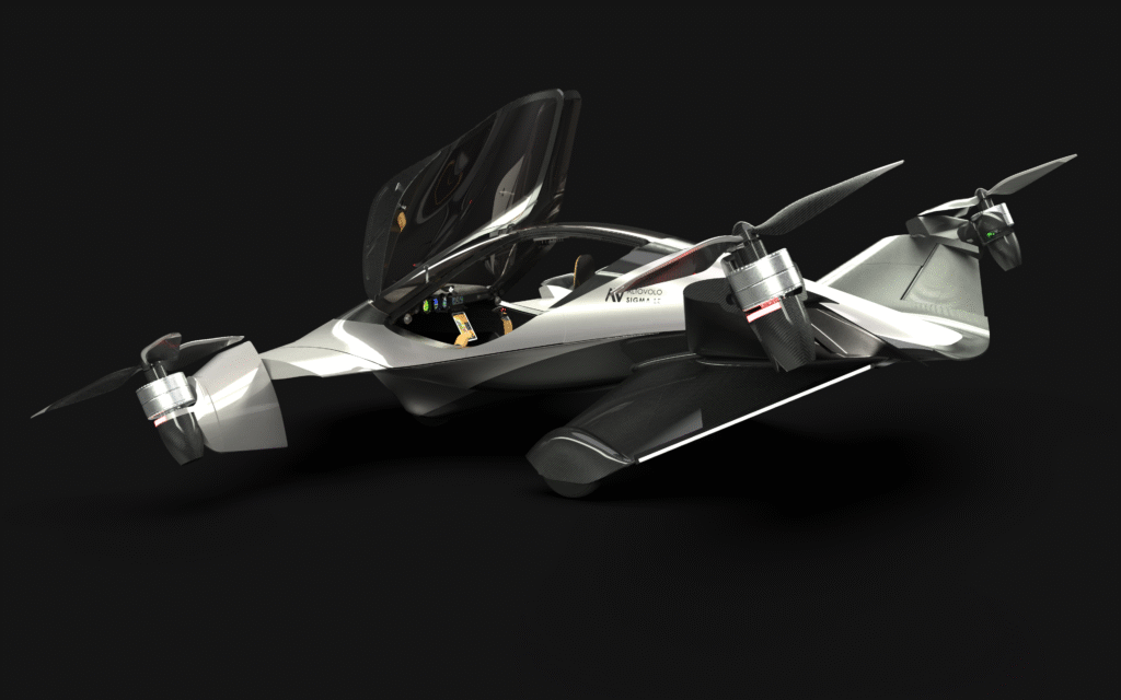 Futuristic carbon-fiber aircraft with an open cockpit and large translucent canopy, white body, and exposed propulsion on a dark background.