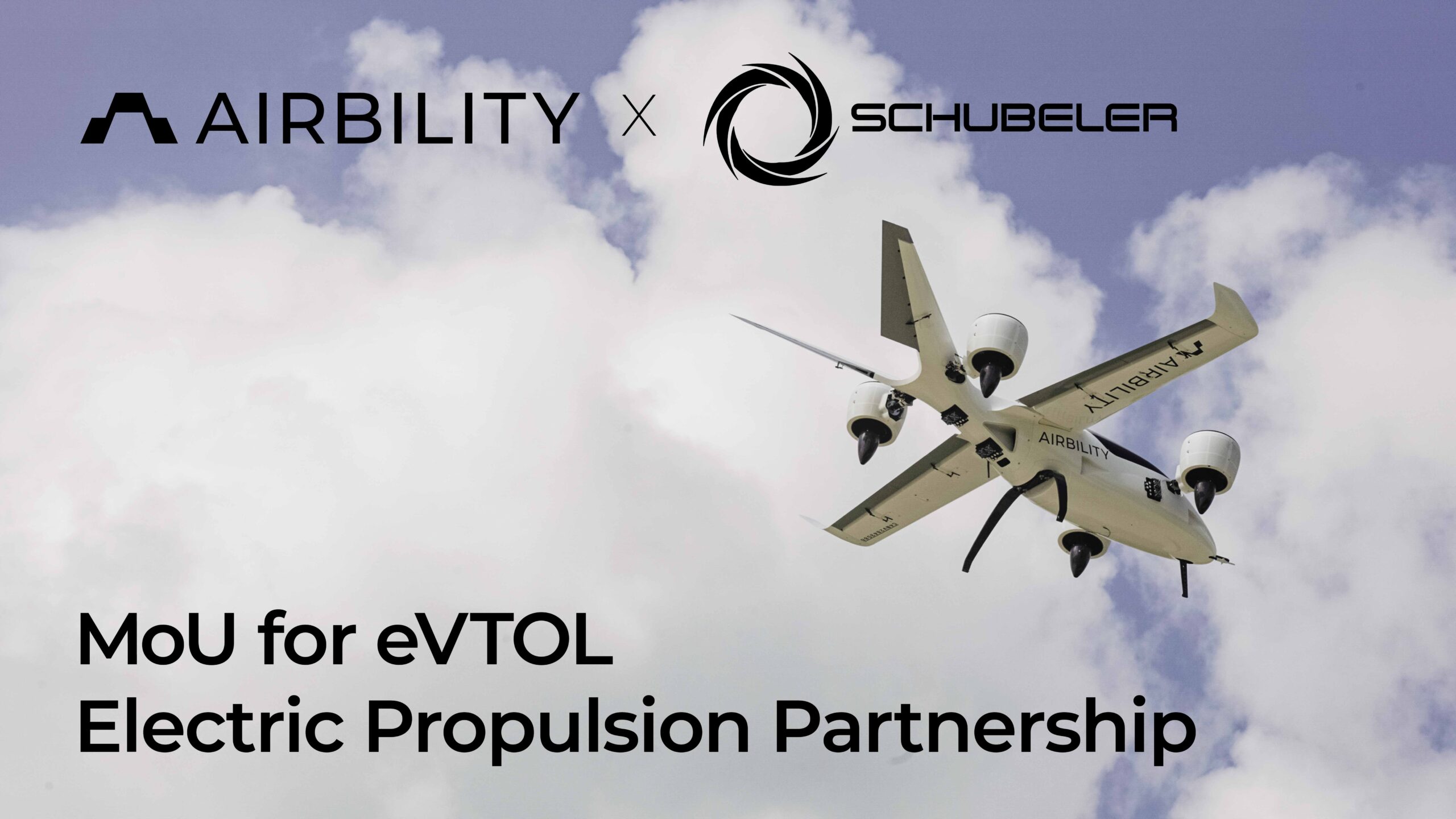 Banner with Airbility and Schubeler logos فوق a cloudy sky, featuring an electric aircraft in flight (eVTOL) and partial text about a partnership.