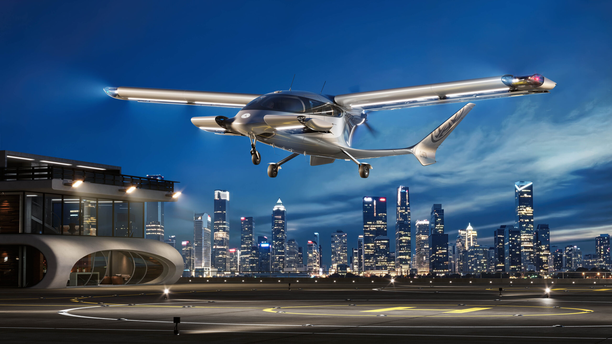 Sleek silver futuristic airplane landing over a brightly lit city skyline at dusk/night.