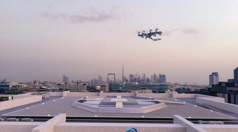 Aircraft in formation flying above a city skyline seen from a rooftop with a futuristic platform and the Aeroberm logo on the building facade