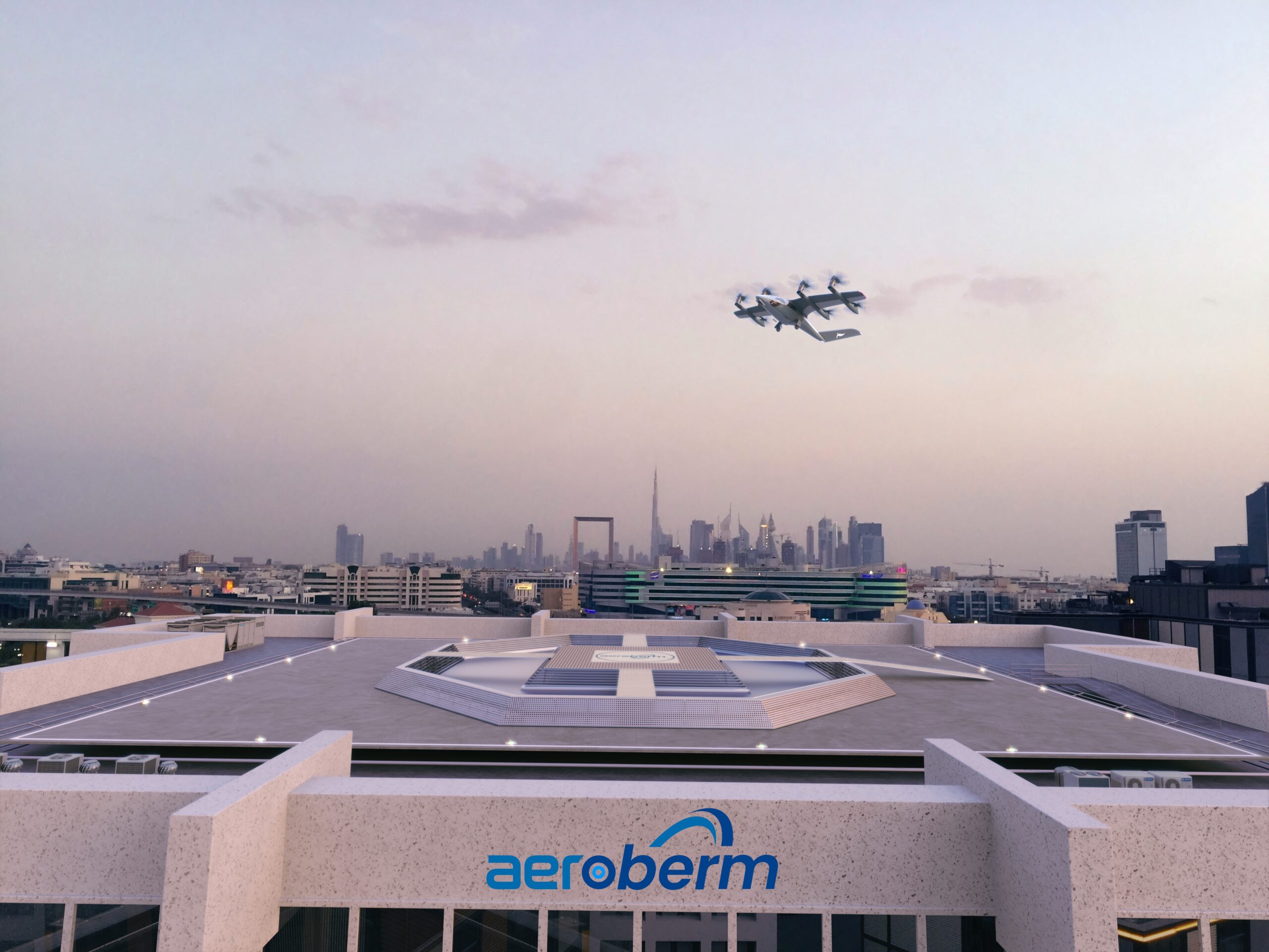 Aircraft in formation flying above a city skyline seen from a rooftop with a futuristic platform and the Aeroberm logo on the building facade