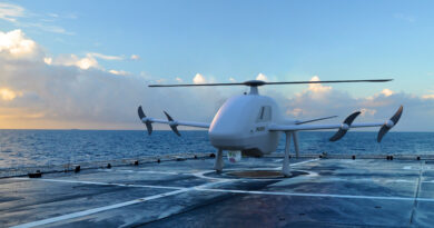 White quadcopter drone on a windswept deck with the ocean and cloudy sky in the background.