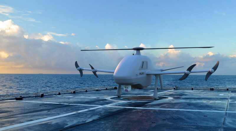 White quadcopter drone on a windswept deck with the ocean and cloudy sky in the background.