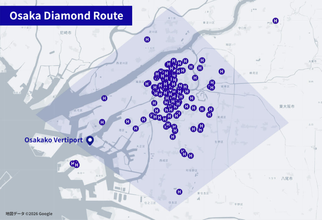 Map of the Osaka Diamond Route showing multiple hydrogen stations (blue H icons) around Osaka, with the Osakako Vertiport marker visible.