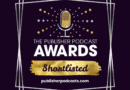 Badge for The Publisher Podcast Awards with a gold microphone, the word AWARDS, and a gold 'Shortlisted' brush on a dark purple background; site publisherpodcasts.com