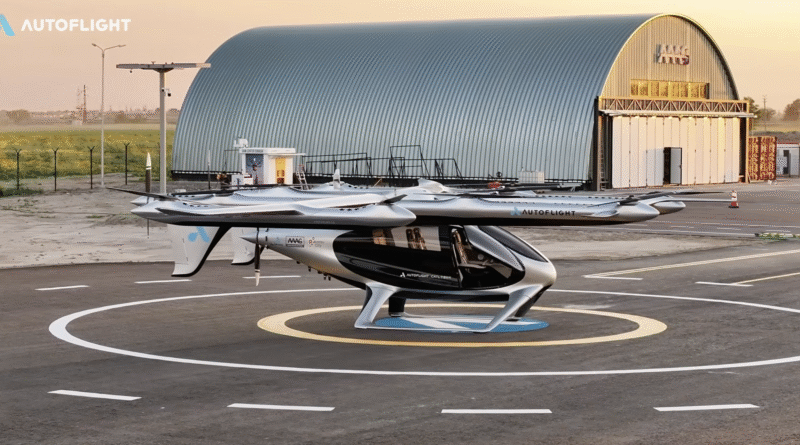 Autoflight logo in the top-left; futuristic aircraft on a circular helipad in front of a curved metal hangar at sunset.