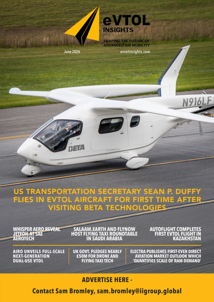 08-eVTOL-Insights-June-2026 - eVTOL Insights eVTOL Insights June 2026 cover featuring a white Beta aircraft on a runway with bold yellow headlines across the bottom and a logo at top.