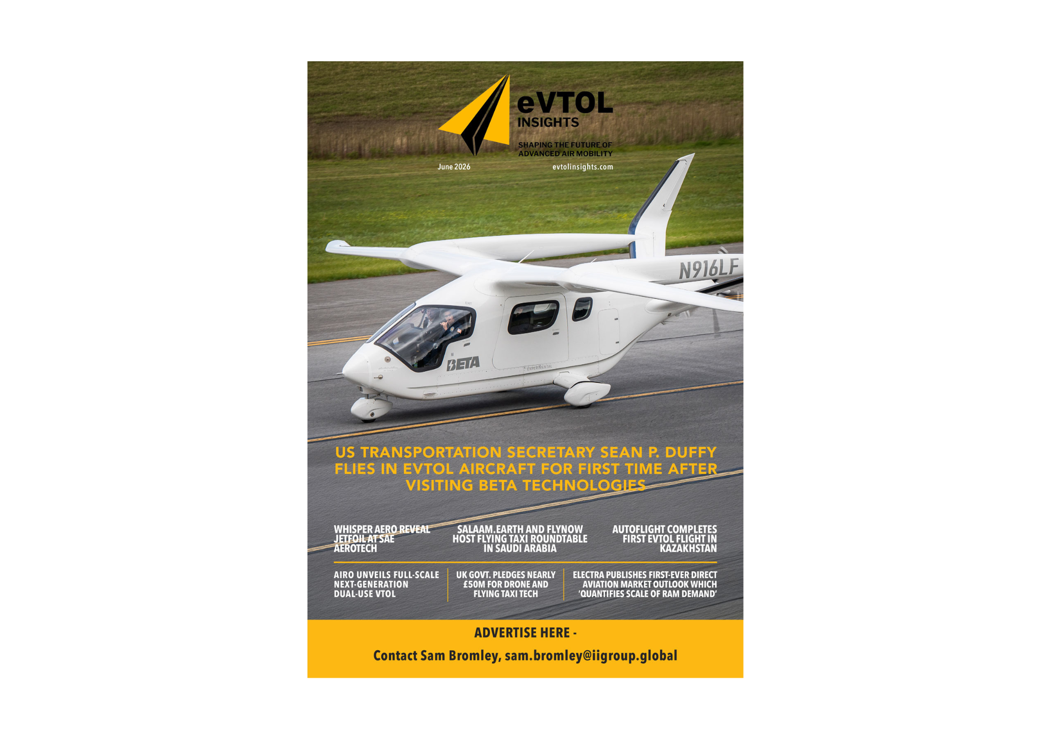EVTOL Insights magazine cover with a white helicopter on a runway and a large yellow-and-black logo at top left; June 2026 date visible.