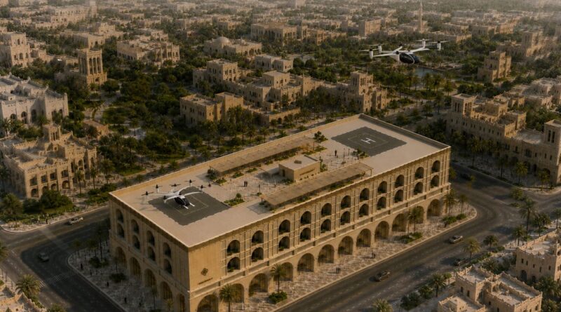 Aerial view of a beige stone city with a large rooftop helipad building and two helicopters (one on the pad, one flying).