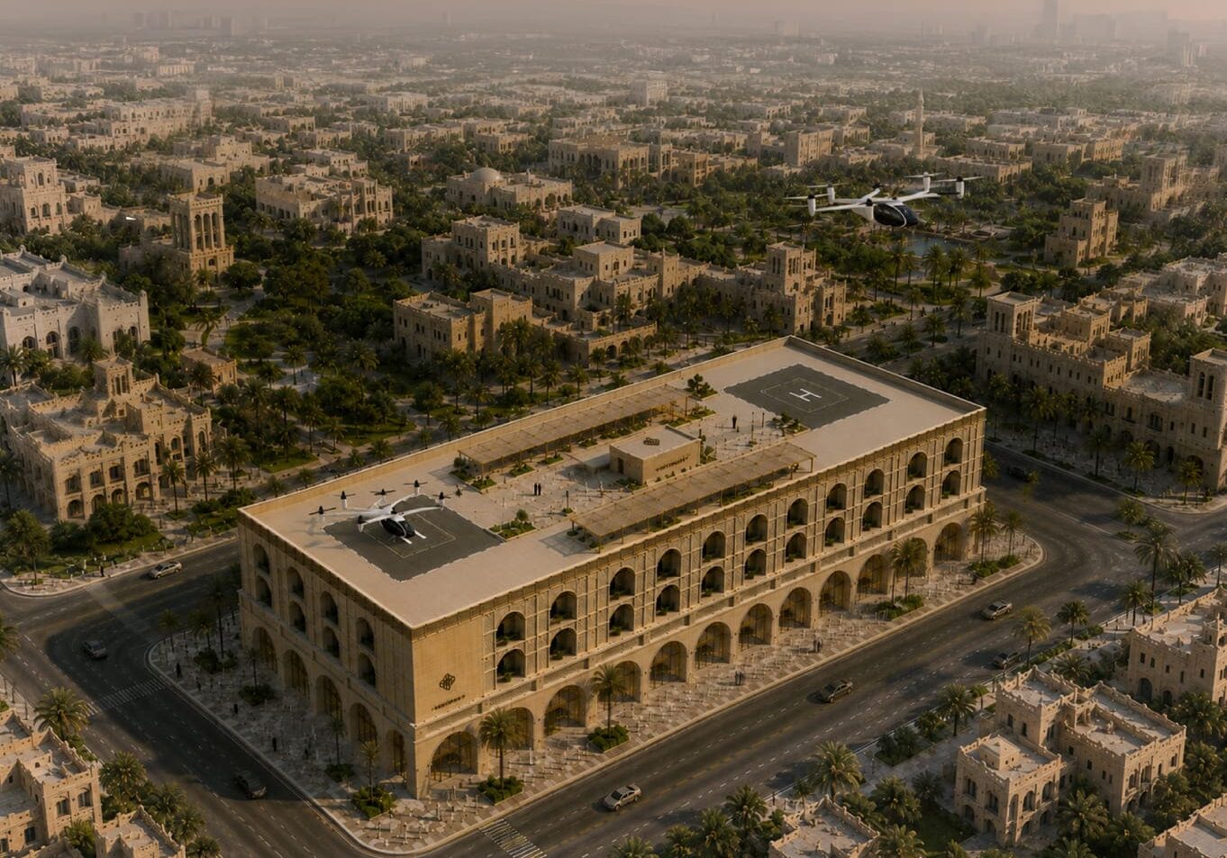 Aerial view of a beige stone city with a large rooftop helipad building and two helicopters (one on the pad, one flying).