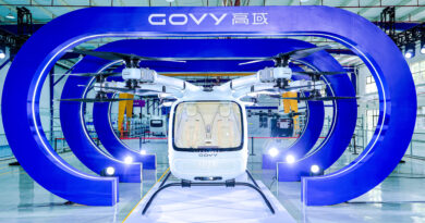 Front view of a white Govy helicopter displayed inside a large blue circular structure at an exhibition hall.