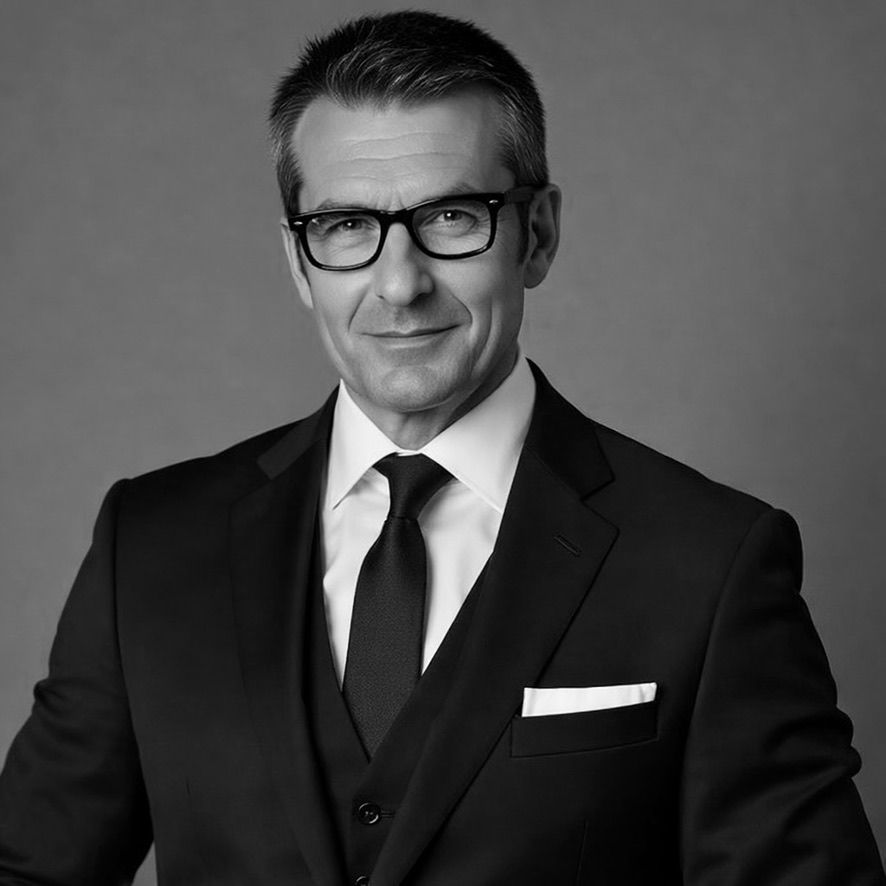 Professional portrait of a middle-aged man in a black suit and tie, wearing glasses against a neutral background.