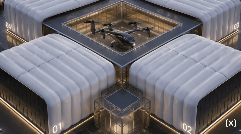 A futuristic rooftop drone hub with a central multi-rotor aircraft on a glass-walled helipad, surrounded by white curved buildings numbered 01–04 at dusk.