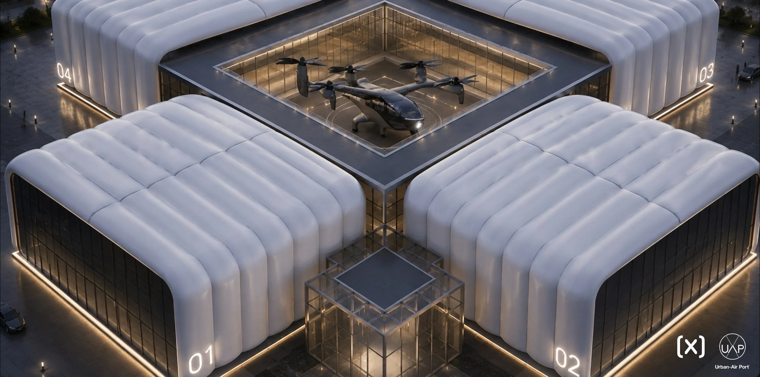 A futuristic rooftop drone hub with a central multi-rotor aircraft on a glass-walled helipad, surrounded by white curved buildings numbered 01–04 at dusk.