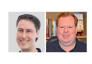 Two close-up headshots side by side: left is a young man smiling with a gray background, right is an older man smiling in front of a bookshelf.