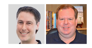 Two close-up headshots side by side: left is a young man smiling with a gray background, right is an older man smiling in front of a bookshelf.
