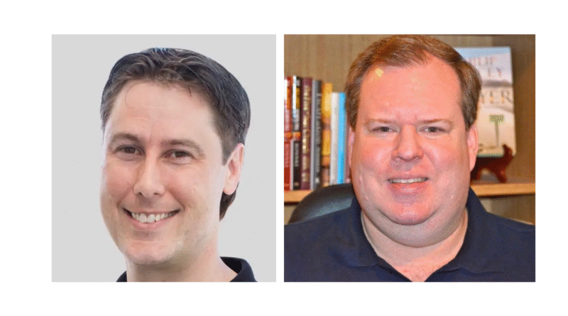 Two close-up headshots side by side: left is a young man smiling with a gray background, right is an older man smiling in front of a bookshelf.
