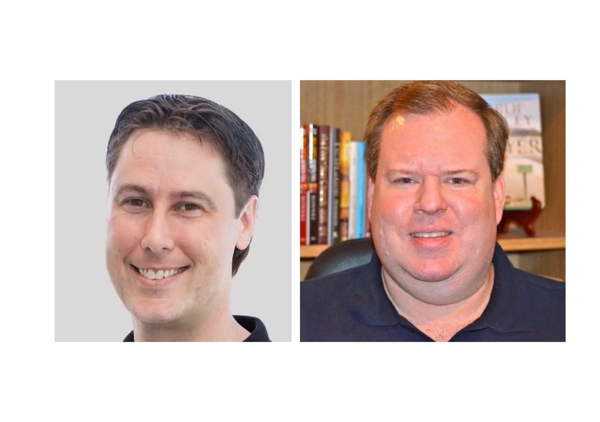 Two close-up headshots side by side: left is a young man smiling with a gray background, right is an older man smiling in front of a bookshelf.