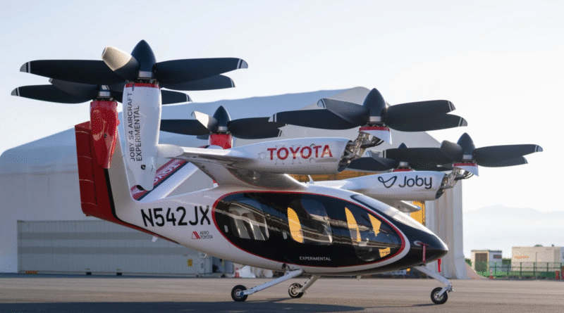 Tilt-rotor aircraft on the ground with rotors folded, branded Toyota and Joby, at an airfield.