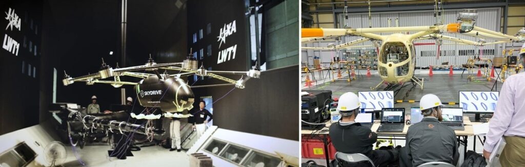 Two-panel image: left shows a SkyDrive rotorcraft in a testing rig with technicians nearby; right shows a small helicopter in a hangar with engineers at control workstations.