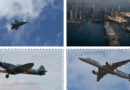 Fighter jet ascending through a blue sky with a faint contrail behind it (top-left). N/A (top-right)