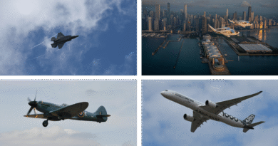 Fighter jet ascending through a blue sky with a faint contrail behind it (top-left). N/A (top-right)
