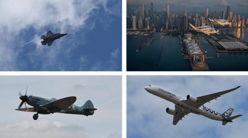 Fighter jet ascending through a blue sky with a faint contrail behind it (top-left). N/A (top-right)