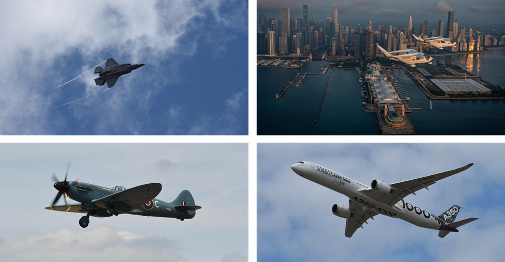 Fighter jet ascending through a blue sky with a faint contrail behind it (top-left). N/A (top-right)