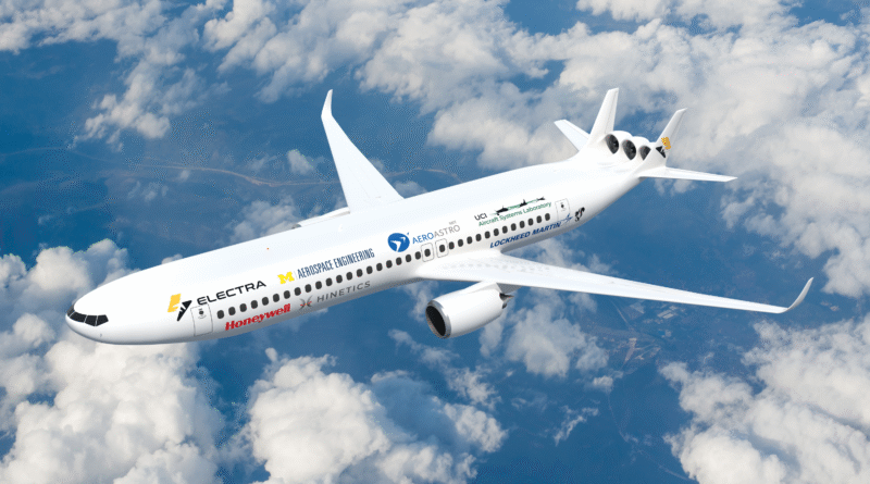 White commercial jet soaring above fluffy clouds with branding and logos along the fuselage visible in flight.
