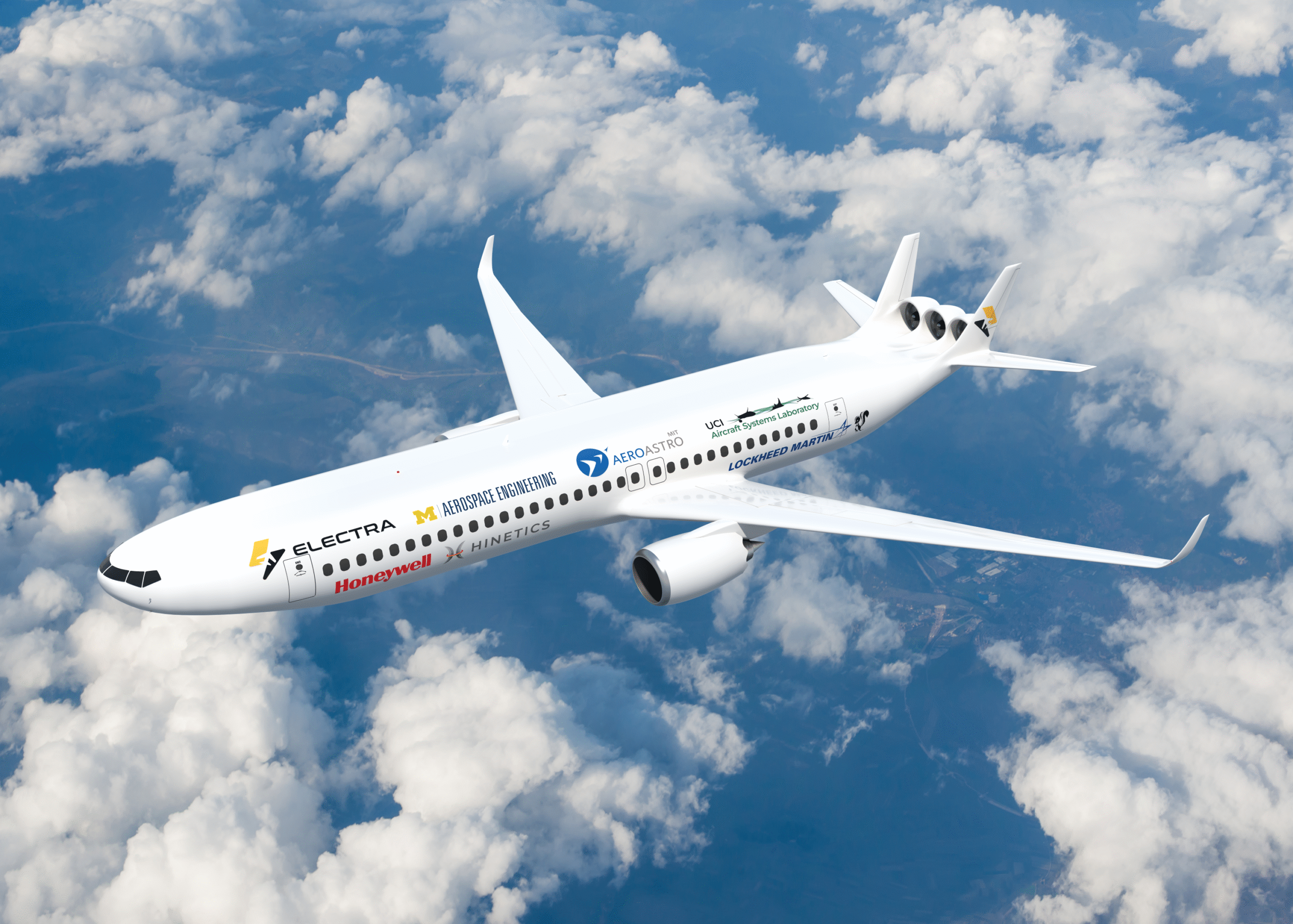 White commercial jet soaring above fluffy clouds with branding and logos along the fuselage visible in flight.