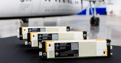 unnamed 51 - eVTOL Insights Row of white and orange battery modules on a dark floor with a blurred airplane in the background, suggesting an aircraft hangar setting.