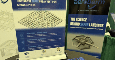 Display of Aeroberm posters at a tech booth with the slogan 'The Science Behind Safer Landings' on blue panels and a blue wavy grid model on the table.