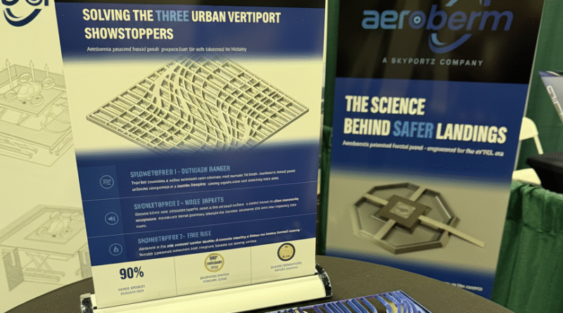 Display of Aeroberm posters at a tech booth with the slogan 'The Science Behind Safer Landings' on blue panels and a blue wavy grid model on the table.